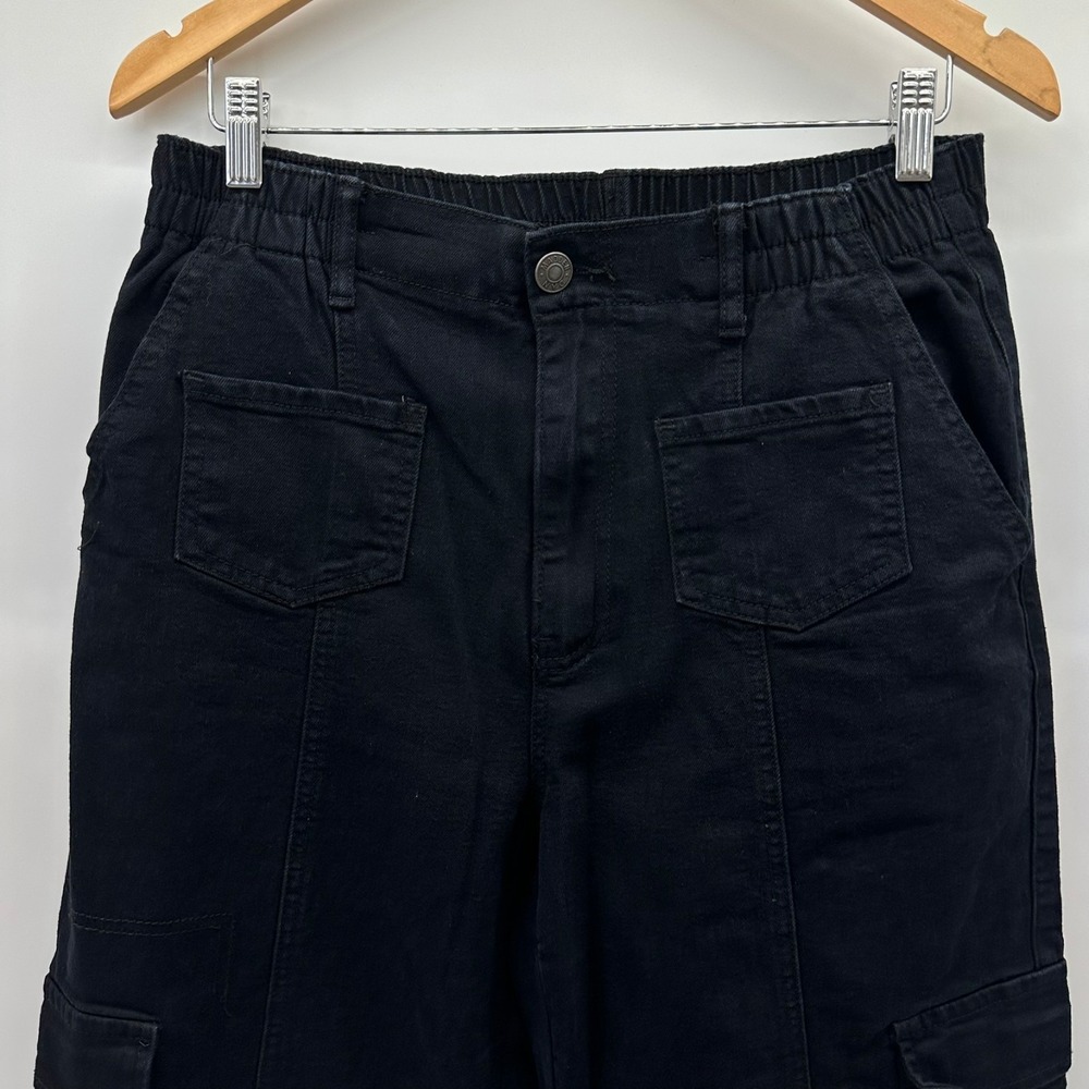 Madden NYC Cargo Pants Womens XL Black Denim Wide Leg High Rise Patch Pockets